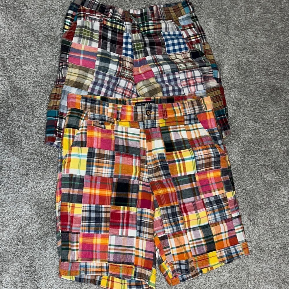 Vtg 1946 Washed stone Beaten L Mens Shorts 5 Pockets patchwork madras print 35
